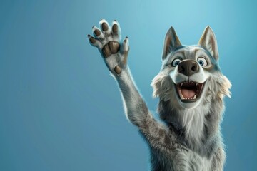 funny wolf raising hand on isolated color background - obrazy, fototapety, plakaty