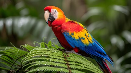 Fototapeta premium A vibrant parrot perches on a tree branch, adorned with lush green leaves Nearby, a forest teems with greenery, each tree brimming with