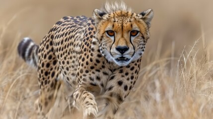   A tight shot of a cheetah striding through a sea of towering grasses, its gaze unwavering