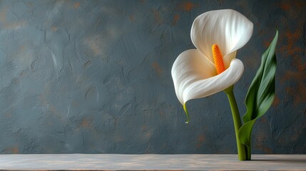   A white bloom with a yellow stamen against a blue wall, bearing a brown centric spot