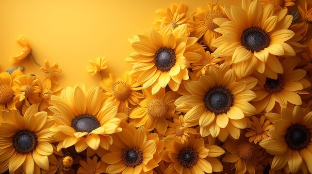   Yellow sunflowers cluster on a radiant yellow background, ready for text or image insertion on a card
