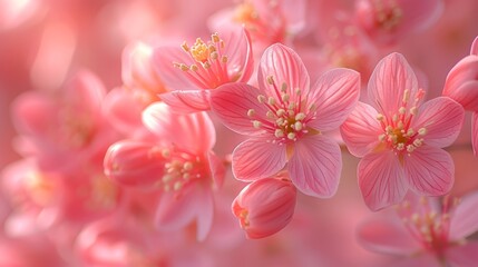   A light pink background bears several pink blossoms with yellow stamens; the center showcases a solitary yellow stamen