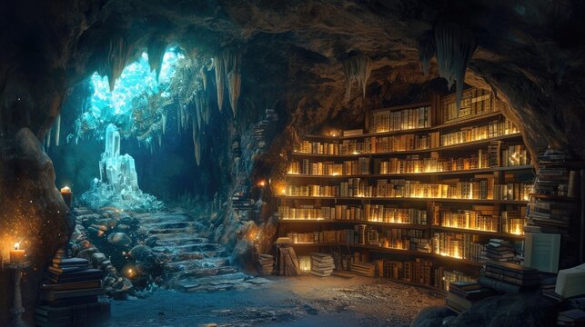 An ancient library filled with magical books, glowing orbs, and mystical artifacts. Shelves reach up to a high, vaulted ceiling, with soft light filtering through stained glass windows. Resplendent.