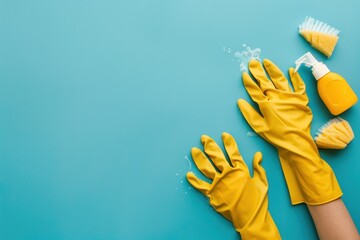 Hands wearing yellow rubber gloves are ready for cleaning, - obrazy, fototapety, plakaty