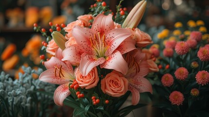   A tight shot of an orange and pink flower bouquet, with orange and pink blooms in the backdrop, and nearer flowers in the foreground