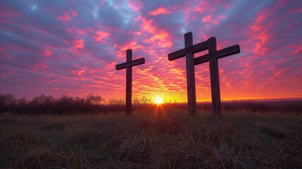   Two wooden crosses atop a verdant field, framed by a purple and orange sunset sky