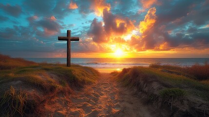  A cross atop a sandy beach, ocean nearby, sunset behind - obrazy, fototapety, plakaty