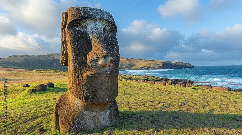 Wall mural   A sizable statue stands in a lush grassy field, adjacent to a body of water Behind it lies a towering cliff