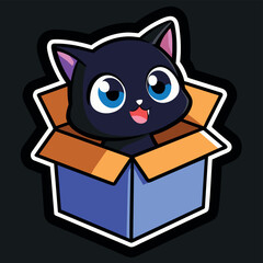 Cute cat in a box. Colorful kitten in gift box. Cat sticker on black background. Surprise in cardboard box. Cartoon sticker pet emoji. Cartoon logo icon badge, design Vector illustration.
