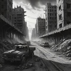 Eerie Apocalypse: Desolate Streets Amidst Haunting Ruins of a Once Bustling City
