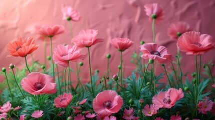 Fototapeta premium A scene of pink and red blossoms with verdant stems and leaves against a backdrop of pink and pink textured wall