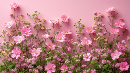   A pink backdrop filled with clusters of pink blooms, surrounded by a border of pink and white flowers