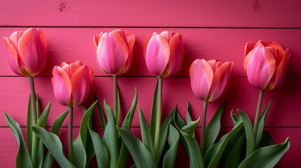   Pink and red tulips clustered before a pink wooden wall Foreground features green leafy textures