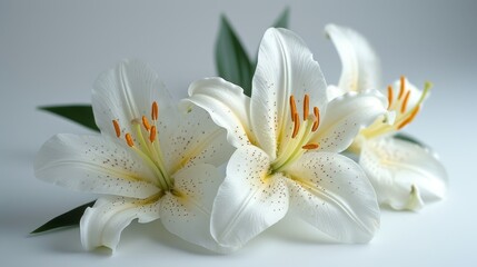   A collection of white blooms arranged together on a pristine white backdrop, their verdant leaves crowning them