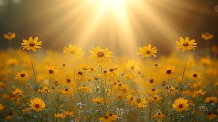  A field filled with yellow flowers under sunbeams, sun shining through scattered clouds