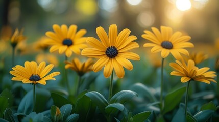 Obraz premium A sunlit field of yellow blooms, trees framing the sun's rays behind