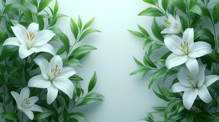   A pristine arrangement of white lilies with vibrant green leaves against a pure white backdrop Or White lilies and their emerald-hued fol