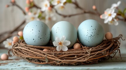   Three eggs, blue in color, sit in a nest A white flower rests beside the nest A branch bearing white blossoms lies beyond the nest on the other side