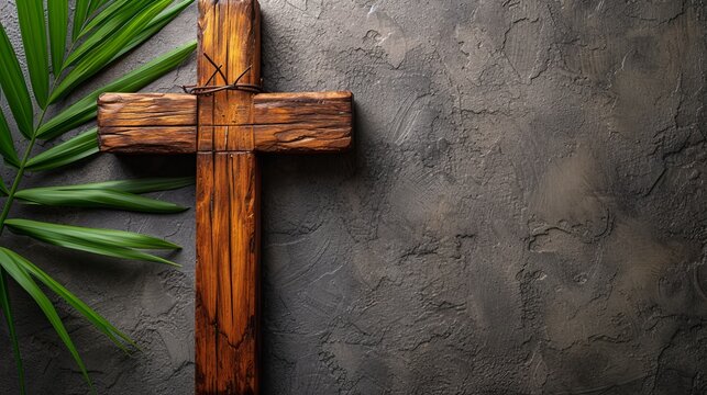   A wooden cross atop a cement wall, adjacent a green, leafy plant