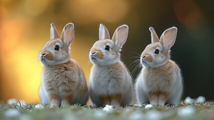   Three rabbits sit adjacent on a grassy knoll, surrounded by tiny white flowers