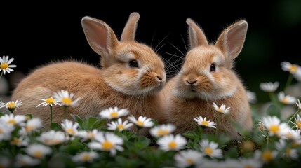 Fototapeta premium Two brown rabbits seated beside each other in a field of daisies against a black backdrop