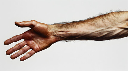This is a photo of an arm stretched out to the screen with an almost white skin tone against a pure white background