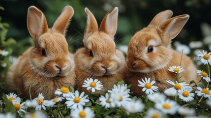 Obraz premium Three rabbits sitting together in a daisy-filled field on a sunny day