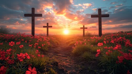   Three crosses in a flower-filled field Sun sets, casting long shadows behind Clouds paint the sky