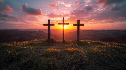   A few crosses atop a green-covered hill, sunset backdrop with setting sun - obrazy, fototapety, plakaty