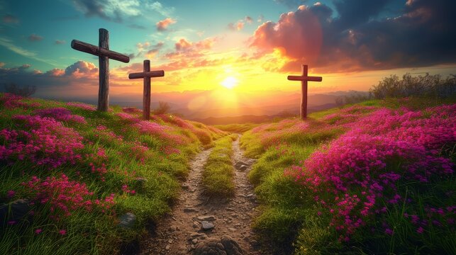   Three crosses atop a hill, framed by pink flowers in the foreground Sunset background