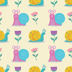 Seamless pattern with snails and flowers. Cute vector illustration with snail flowers for children's postcards, wallpapers, packaging.