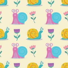 Seamless pattern with snails and flowers. Cute vector illustration with snail flowers for children's postcards, wallpapers, packaging.