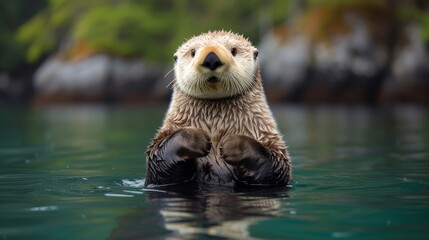   A close-up of a sea otter swimming in water, paws elevated