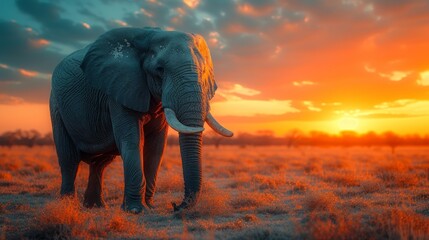   An elephant stands in a field as the sun sets behind, engulfing the scene in warm hues; clouds scatter in the foreground