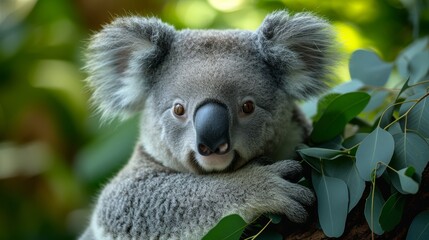 Obraz premium A tight shot of a koala perched on a tree limb, surrounded by a near branch adorned with leaves