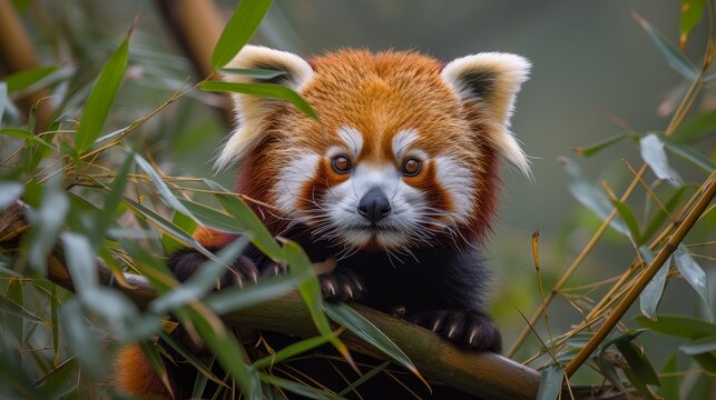   A red panda, closely gazing from a tree, faces the camera with a sad expression