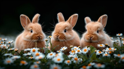   Three rabbits in a field among daisies One rabbit gazes at the camera, while the other two look away