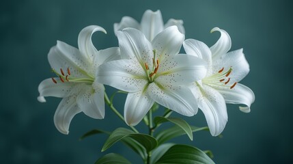   White lilies with green leaves in a vase on a green tablecloth against a blue backdrop
