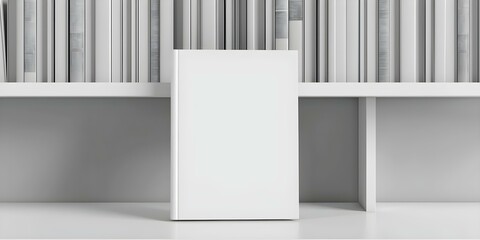 3D mockup of a blank white book on a bookshelf in a shop or library. Concept Book Mockup, 3D Rendering, White Book, Bookshelf, Library, Shop