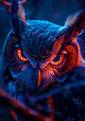 Fantasy horned owl looking intensely. Illustration. - 770911838