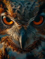 close up of an owl´s eyes at sunset.