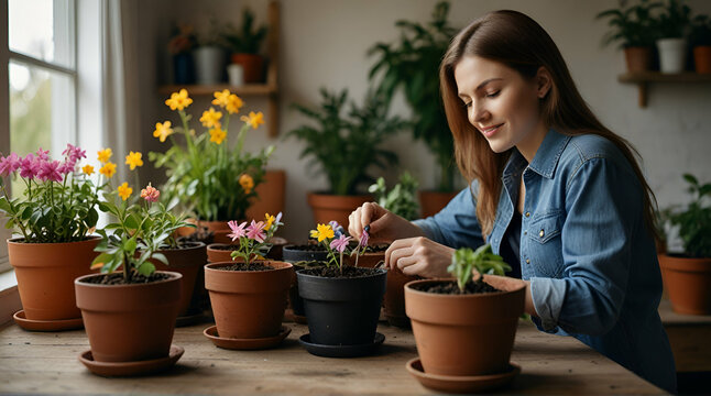 Women repotting flower plants at home garden Spring .Generative AI