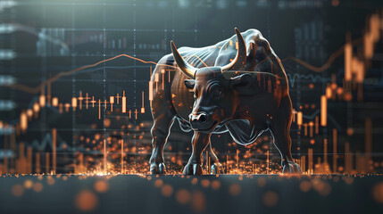 Candlestick chart in financial stock market wiht Bull in background - obrazy, fototapety, plakaty