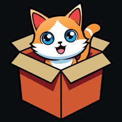 Cute cat in a box. Colorful kitten in gift box. Cat sticker on black background. Surprise in cardboard box. Cartoon sticker pet emoji. Cartoon logo icon badge, design Vector illustration.
