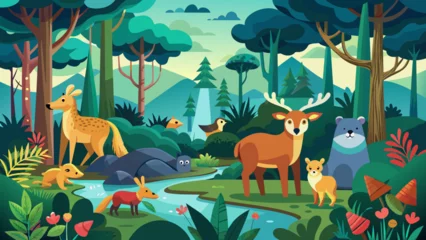 Fototapeten forest scene with various animals 1 illustration © Creative