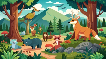 Foto op Plexiglas forest scene with various animals 1 illustration © Creative