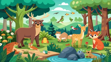 Zelfklevend Fotobehang forest scene with various animals 1 illustration © Creative