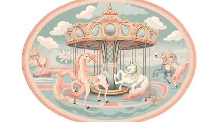 an AI-crafted nursery rug inspired by a vintage carousel theme, using pastel pink 
