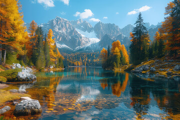 A picturesque autumn scene featuring the majestic Dolomites in Italy, with its towering peaks and crystalclear waters reflecting vibrant colors of fall foliage. Created with Ai