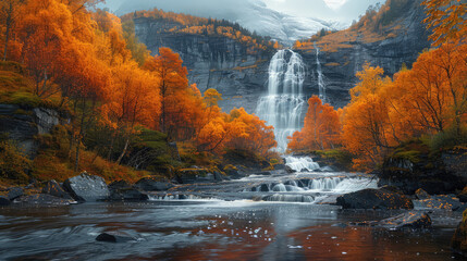 A breathtaking autumn landscape featuring cascading waterfalls surrounded by vibrant orange and red trees. Created with Ai